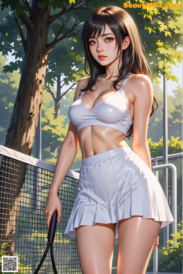 A woman in a white bikini holding a tennis racket.