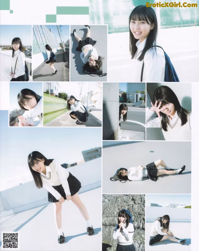 A collage of photos of a girl in a school uniform.