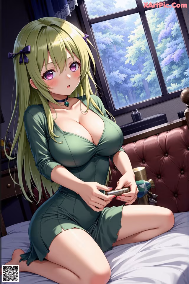 A woman in a green dress sitting on a bed.