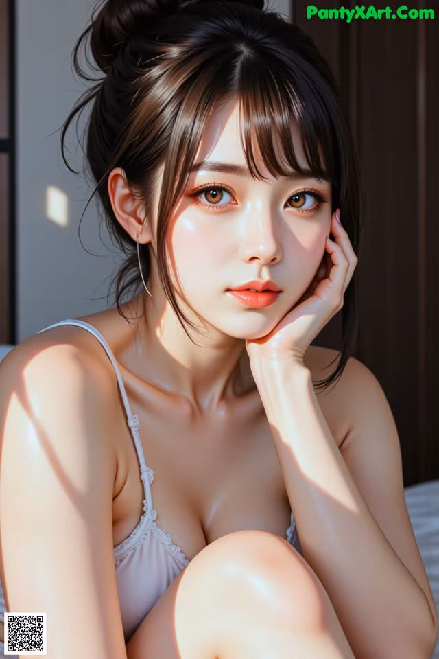 A woman sitting on a bed with her hand on her chin.