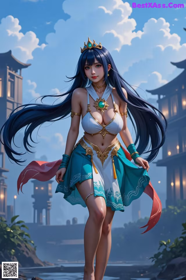 A woman in a bikini with a crown on her head.