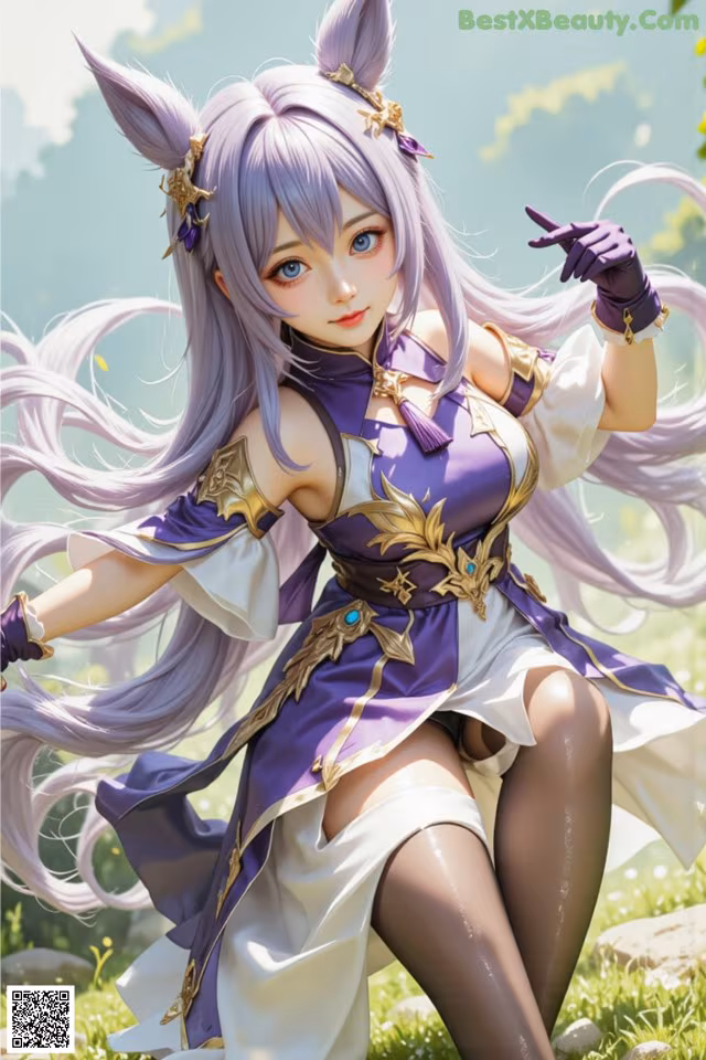 A woman in a purple and white outfit sitting on a rock.