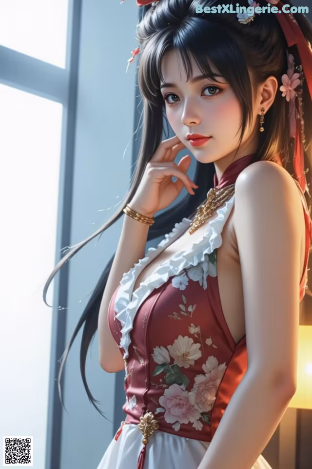 A woman in a red and white dress posing for a picture.