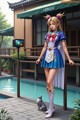 A woman in a sailor outfit standing next to a pool.