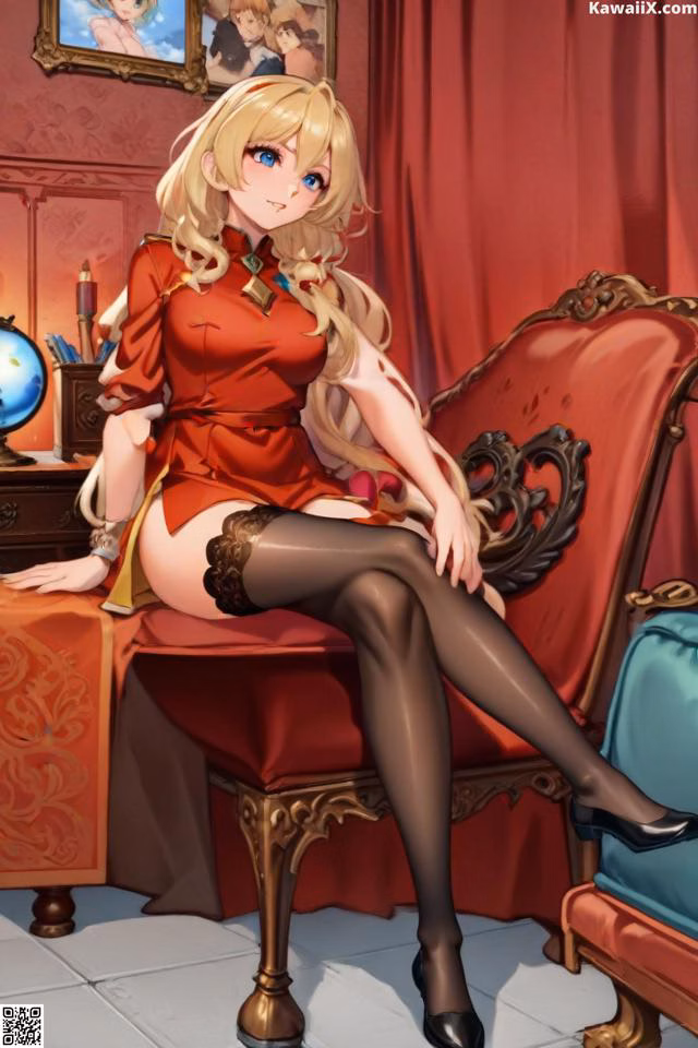 A woman in a red dress sitting on a red chair.