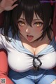 Anime girl with big tits sitting on a red couch.