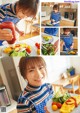 A collage of photos of a woman preparing food in a kitchen.