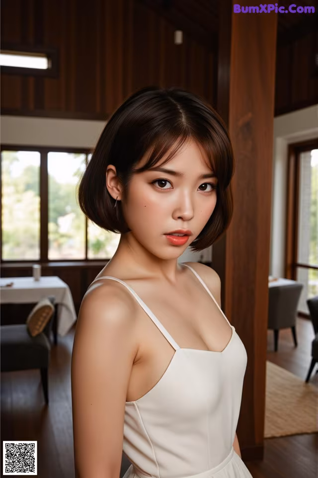 A woman in a white dress posing for a picture.