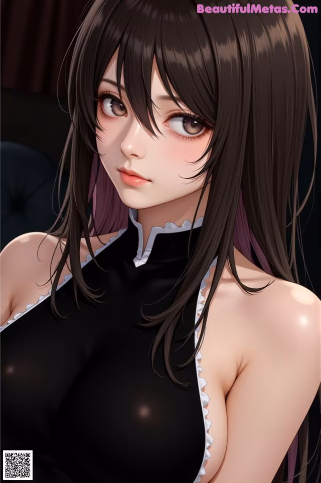 A woman with long black hair wearing a black dress.