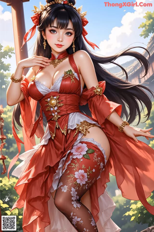 A woman in a red and white dress is posing for a picture.