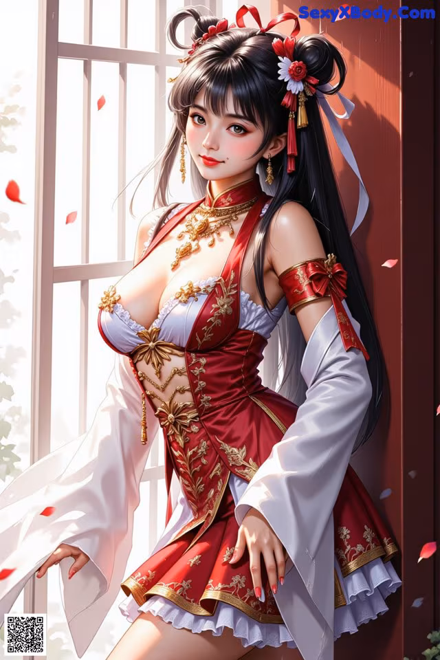 A woman in a red and white dress posing by a window.