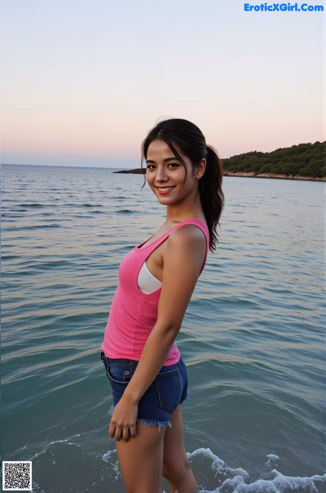 A woman in a pink tank top standing in the ocean.