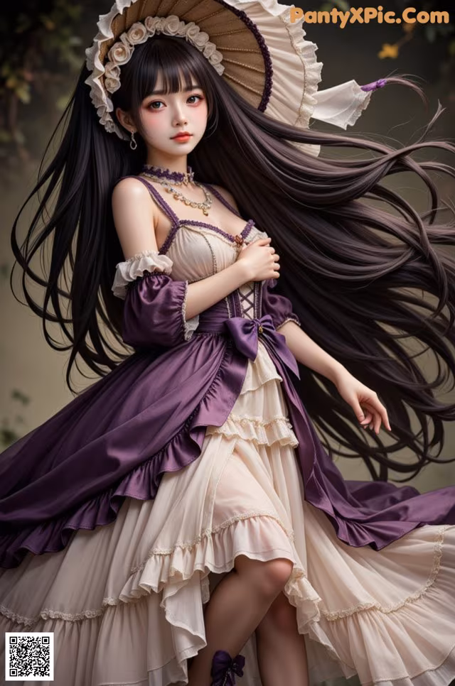 A woman with long black hair wearing a purple dress and a hat.