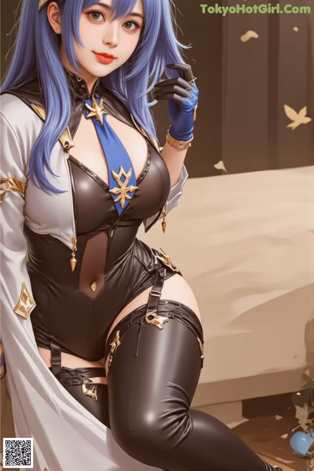 A woman with blue hair wearing a black and white outfit.