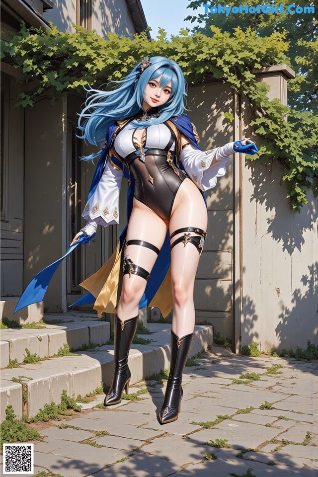 A woman in a black and white outfit holding a blue sword.