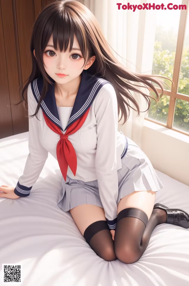 A woman in a school uniform sitting on a bed.