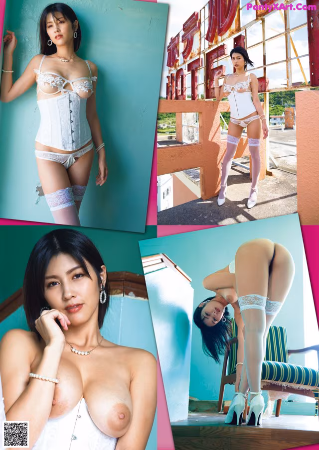 A collage of photos of a woman in lingerie and stockings.