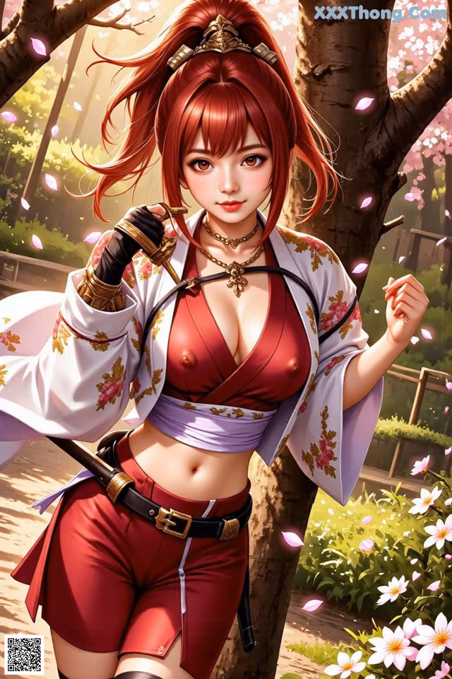 A woman in a kimono with red hair stands outdoors near cherry blossoms.