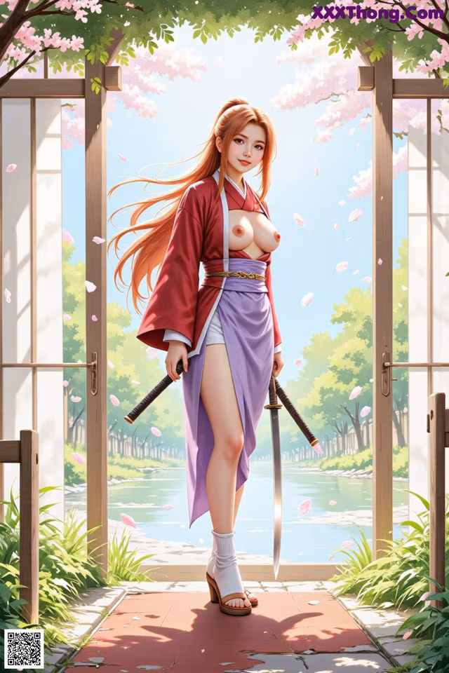 A woman stands in a traditional Japanese setting, holding swords, with cherry blossoms and a serene river backdrop.