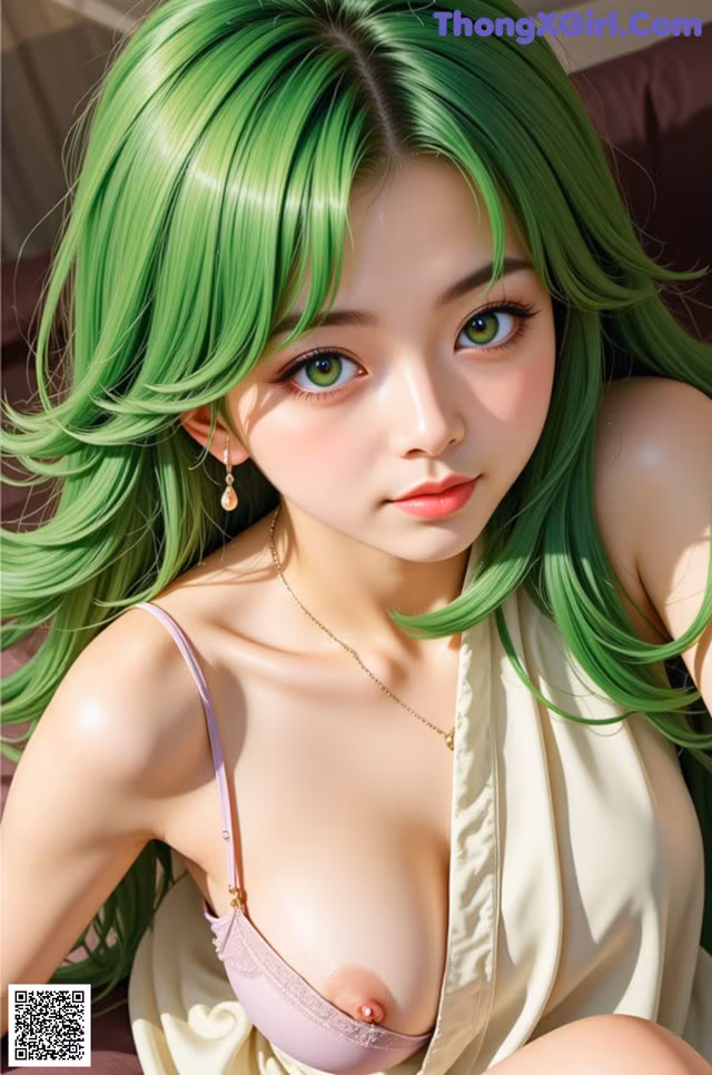 A woman with green hair sitting on a couch.