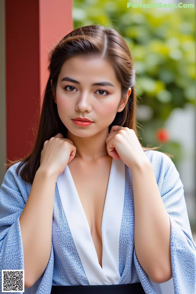 A woman in a blue and white kimono posing for a picture.