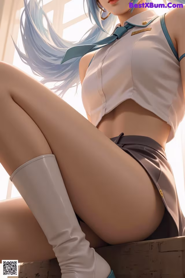 A woman with long blue hair sitting on a window sill.