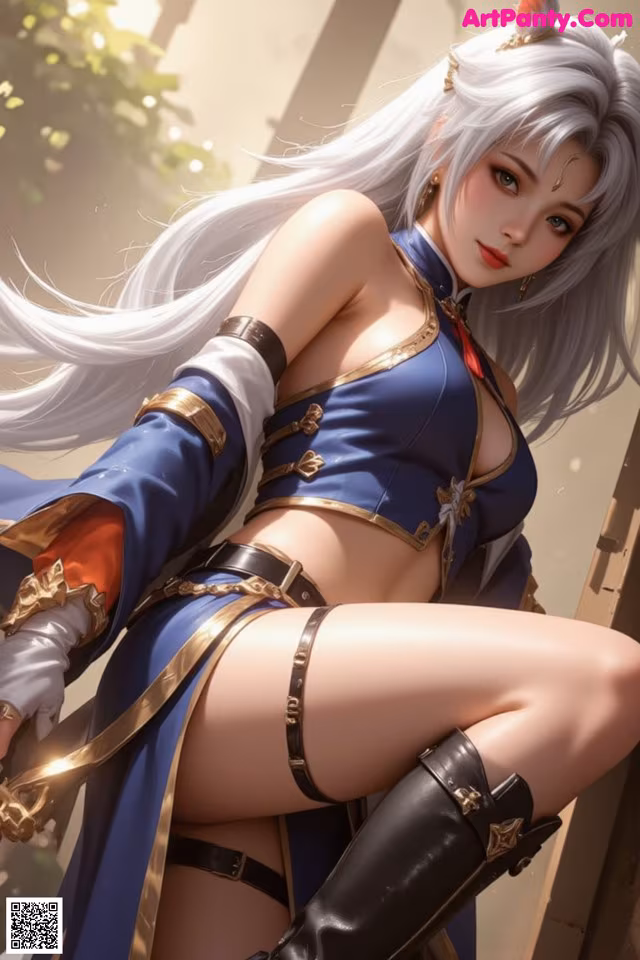 A woman in a blue and gold outfit holding a sword.
